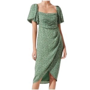 ASTR The Label Green Floral Square Neck Bubble Sleeve Dress Size Small